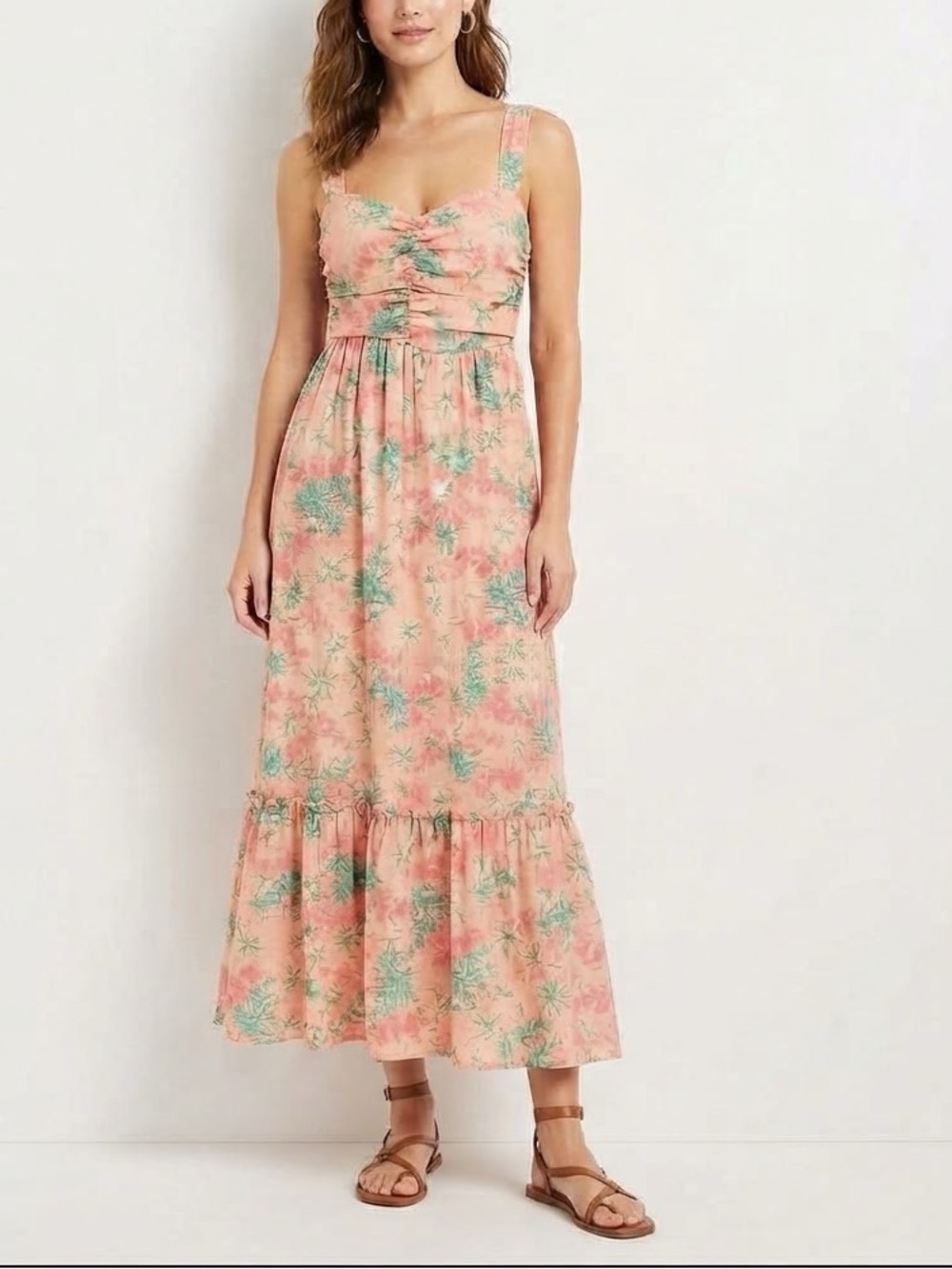 SO ME Pink Green Floral Tie Shoulder Ruched Bust Tiered Maxi Dress Size S❤️